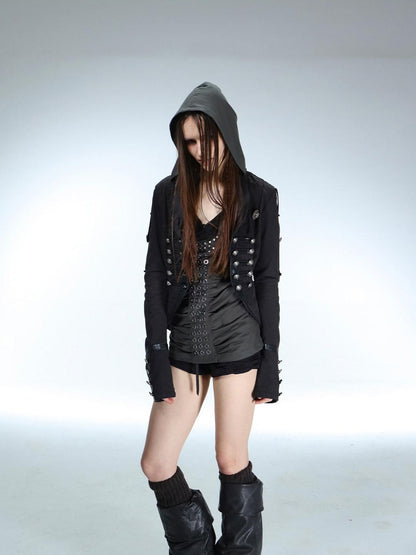 DoublePunch Patch Leather Double Breasted Small Lapel Women&