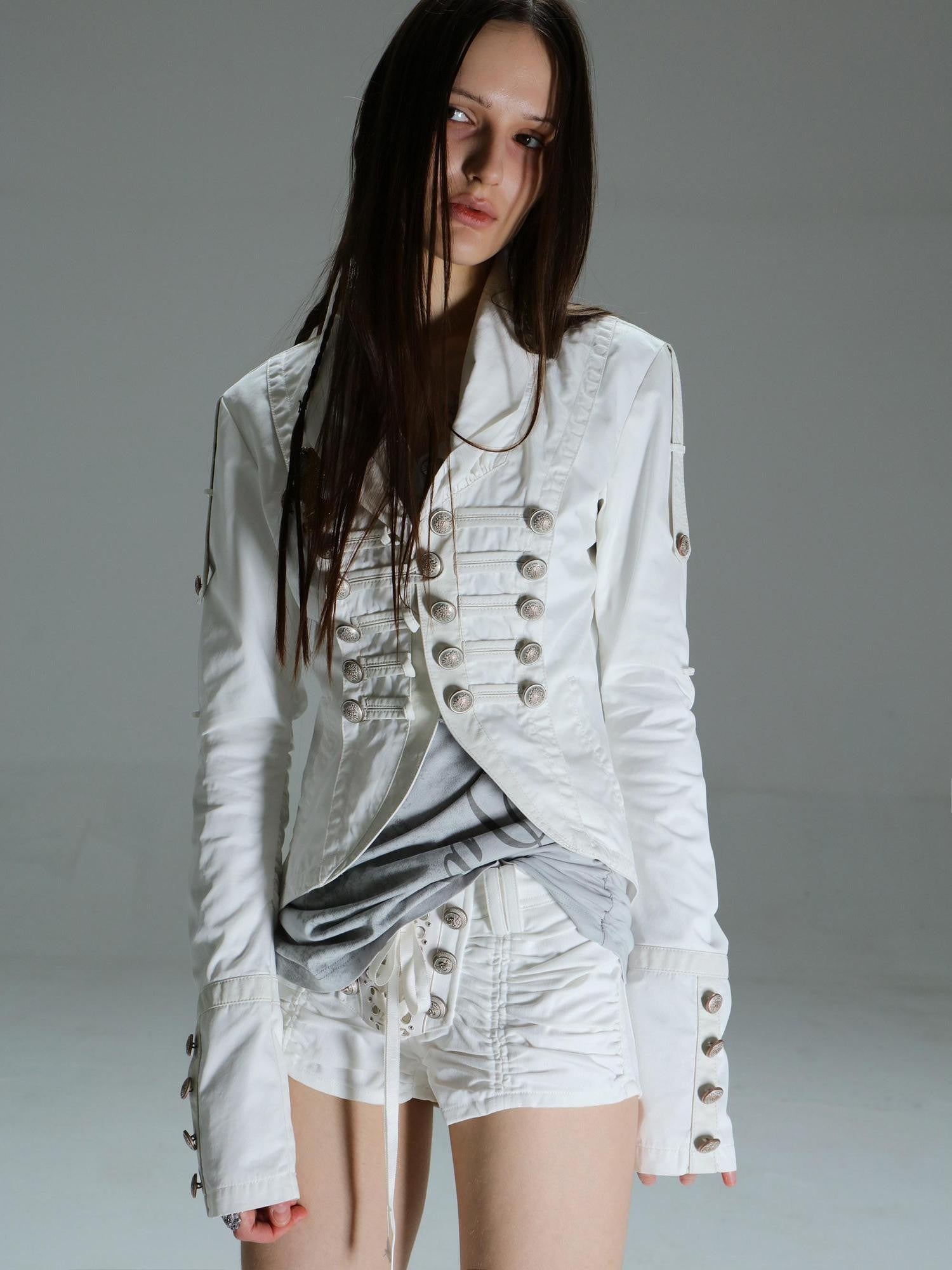 DoublePunch Patch Leather Double Breasted Small Lapel Women&