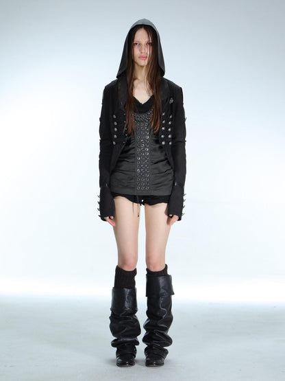 DoublePunch Patch Leather Double Breasted Small Lapel Women&