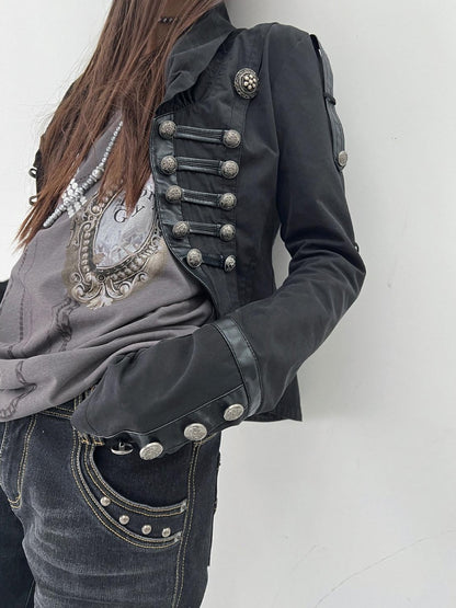 DoublePunch Patch Leather Double Breasted Small Lapel Women&