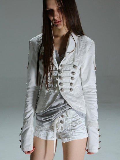 DoublePunch Patch Leather Double Breasted Small Lapel Women&