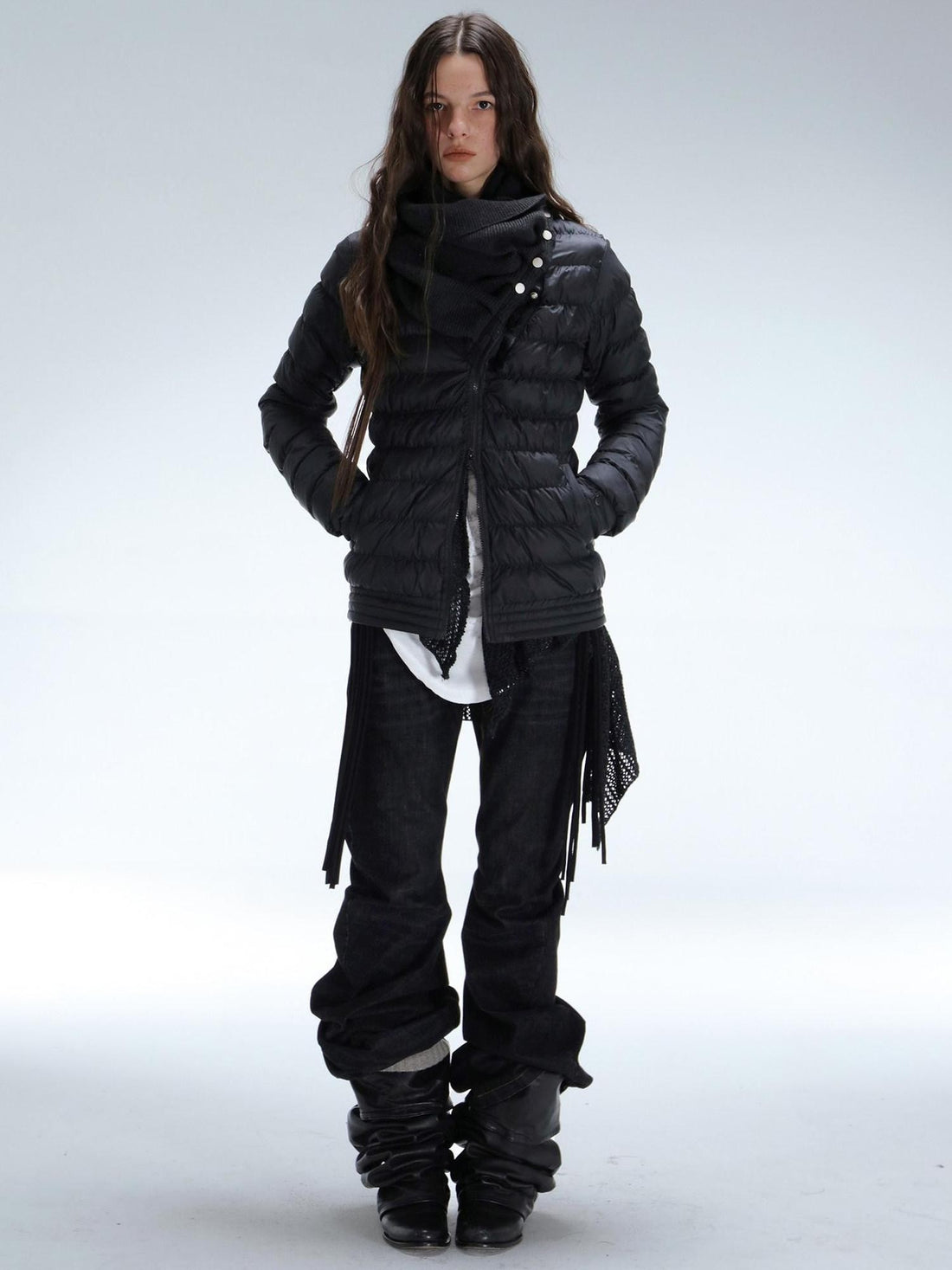 DoublePunch Patchwork Ribbed Quilted Stacked Collar Slim Short Women&