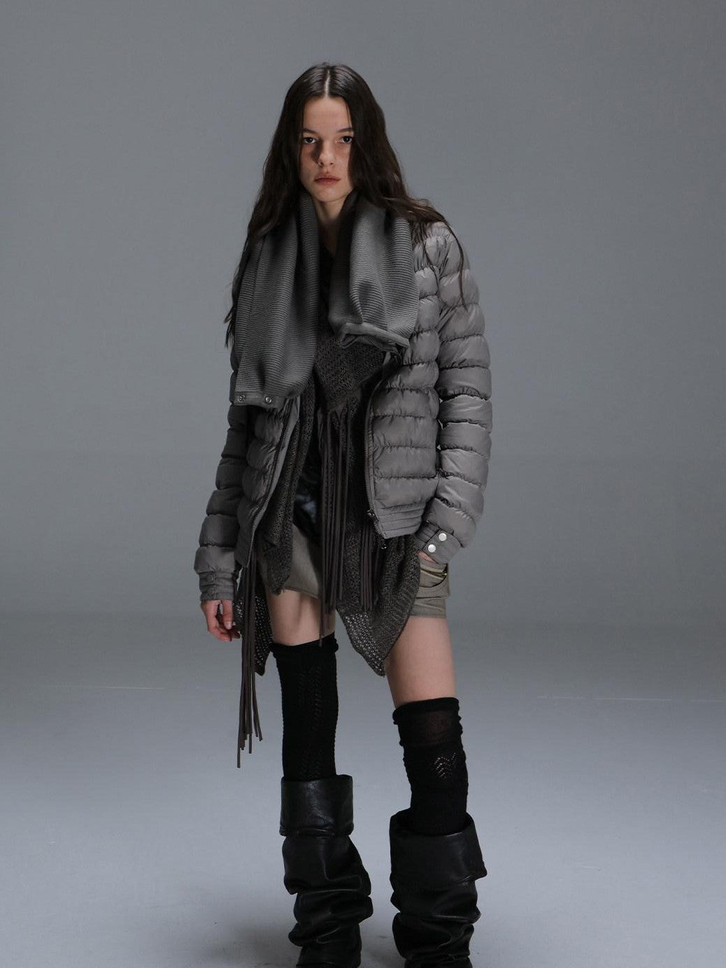 DoublePunch Patchwork Ribbed Quilted Stacked Collar Slim Short Women&