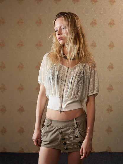 DoublePunch Pleated Lace Hooded Raglan Zipper Two Way Cropped Women&