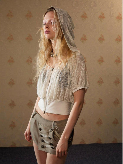 DoublePunch Pleated Lace Hooded Raglan Zipper Two Way Cropped Women&