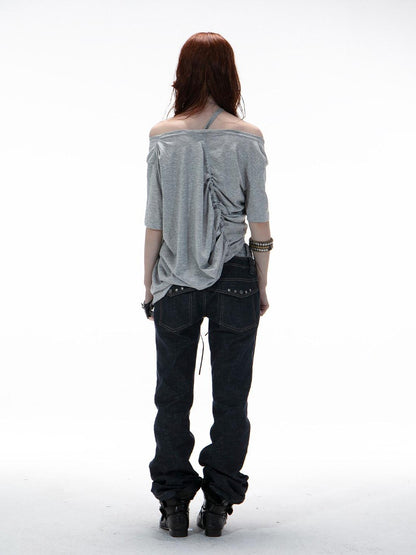 DoublePunch Printed Drawstring Slanted Neck Women&