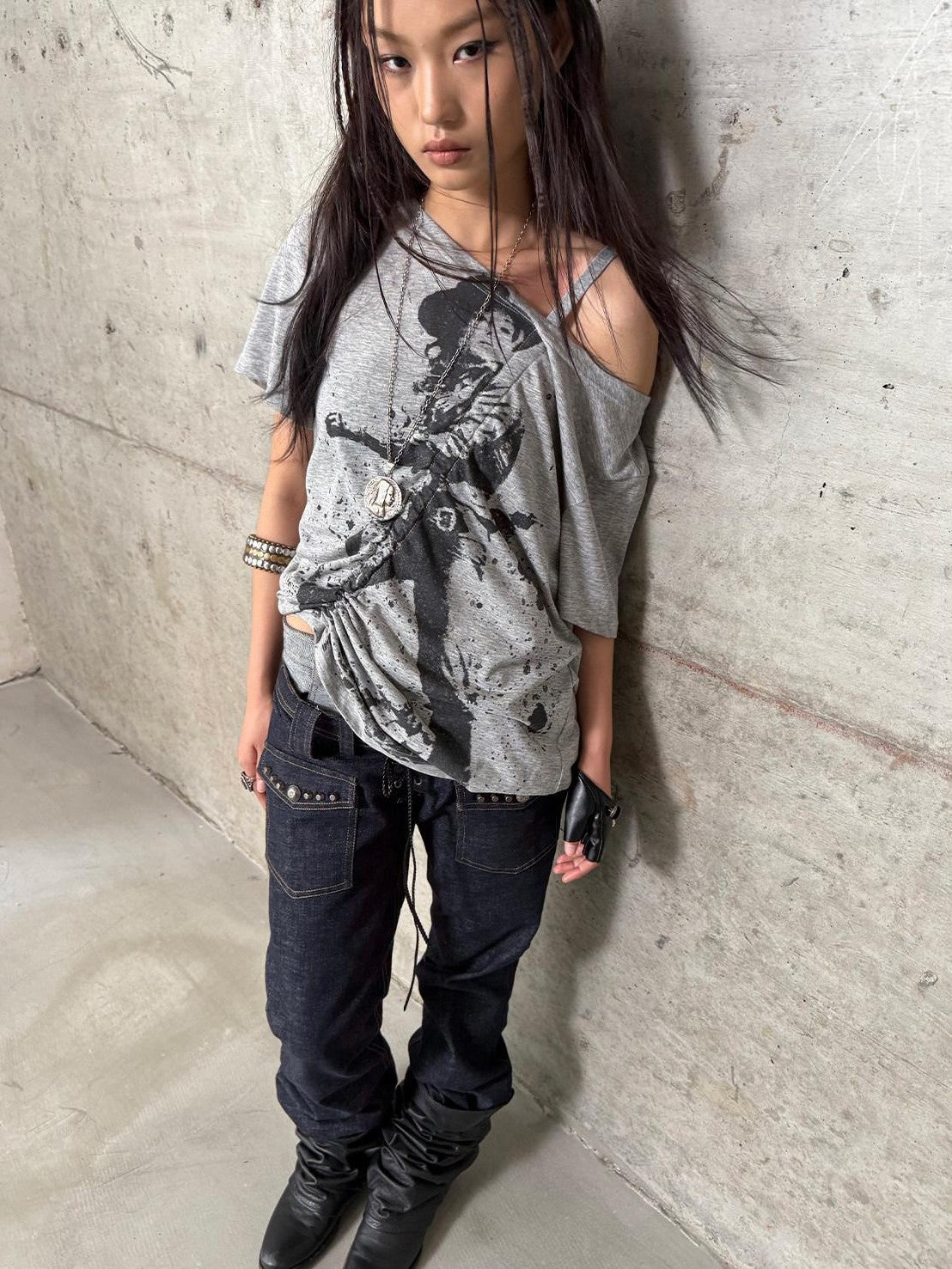 DoublePunch Printed Drawstring Slanted Neck Women&
