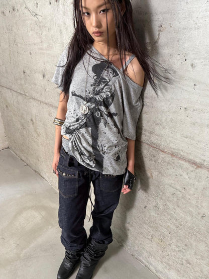 DoublePunch Printed Drawstring Slanted Neck Women&