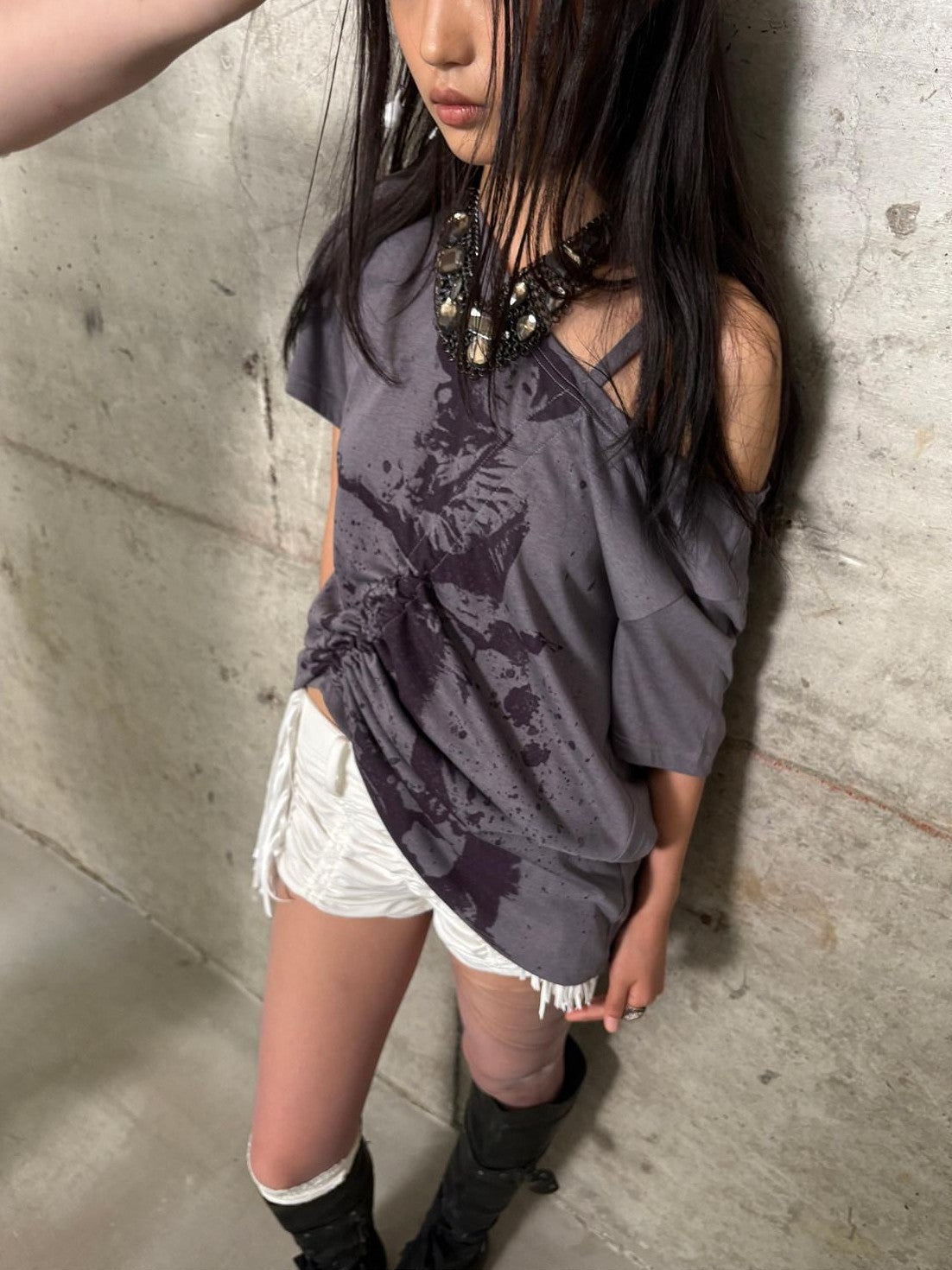 DoublePunch Printed Drawstring Slanted Neck Women&