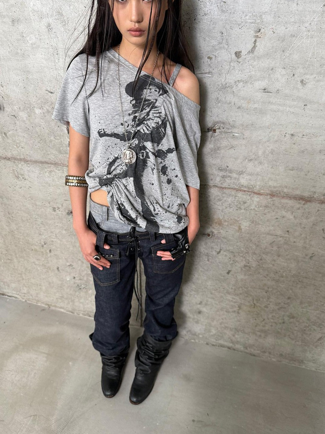 DoublePunch Printed Drawstring Slanted Neck Women&