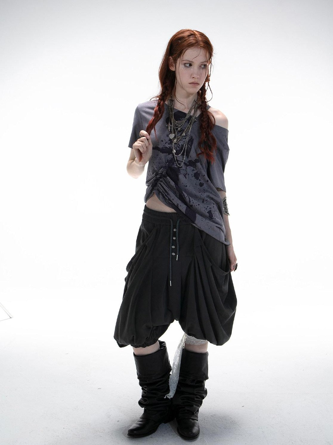 DoublePunch Printed Drawstring Slanted Neck Women&
