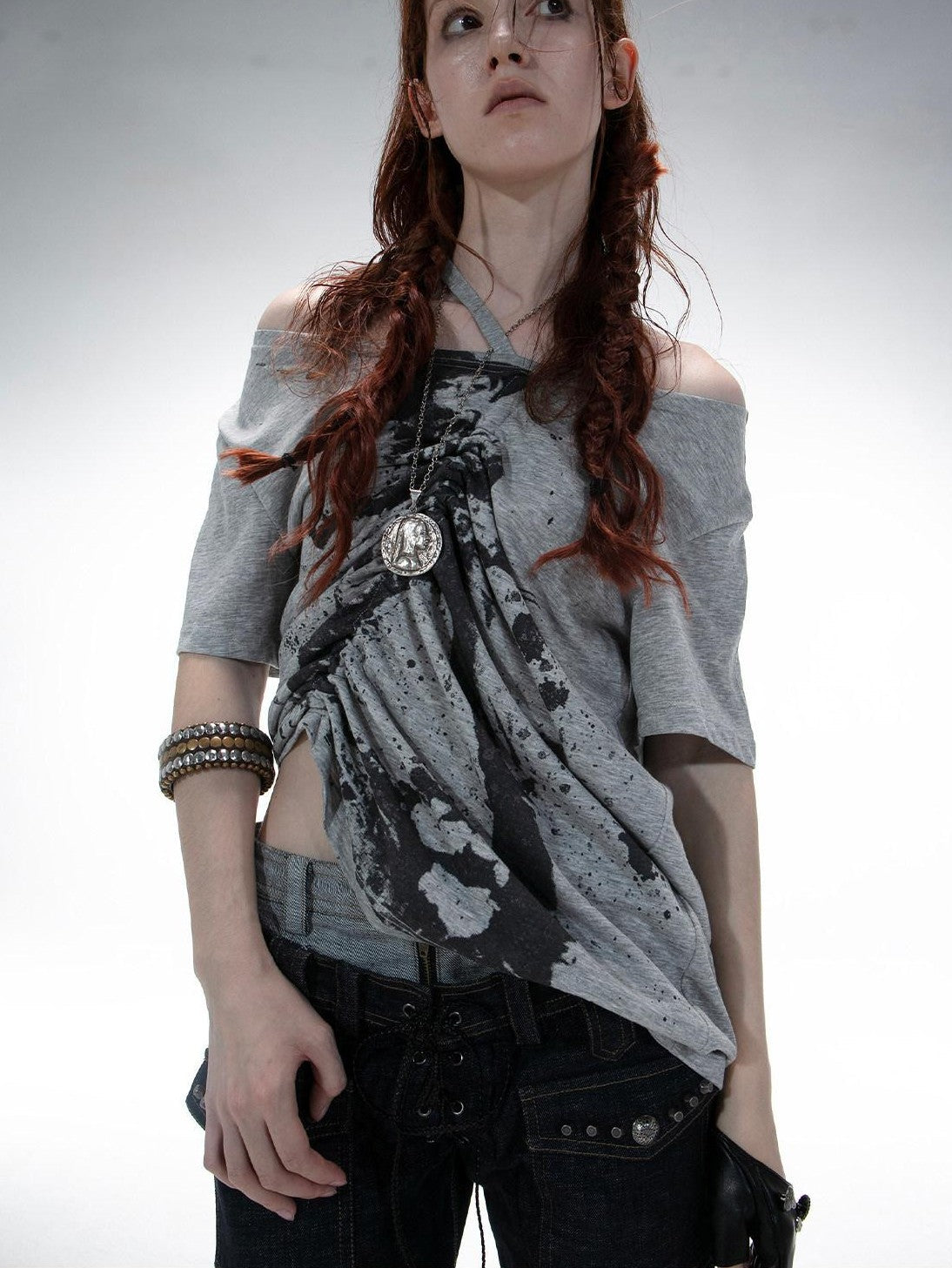 DoublePunch Printed Drawstring Slanted Neck Women&
