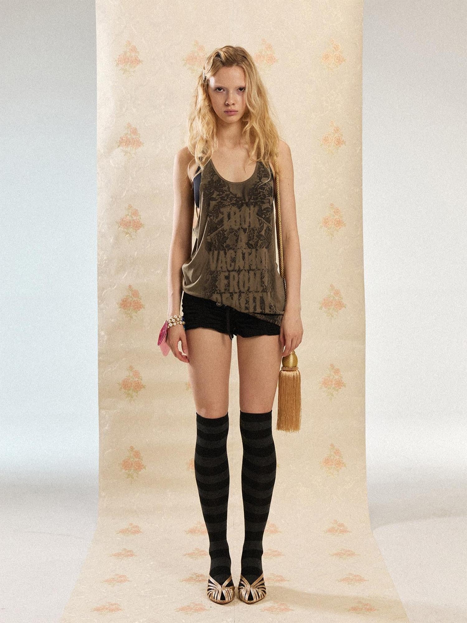 DoublePunch Punk Letter Slogan Print U Neck Racerback Narrow Straps Women&