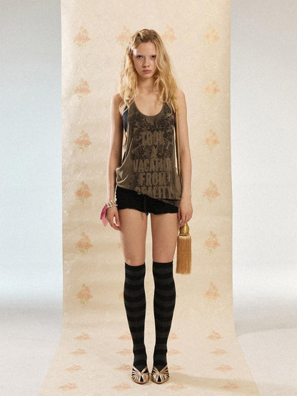 DoublePunch Punk Letter Slogan Print U Neck Racerback Narrow Straps Women&