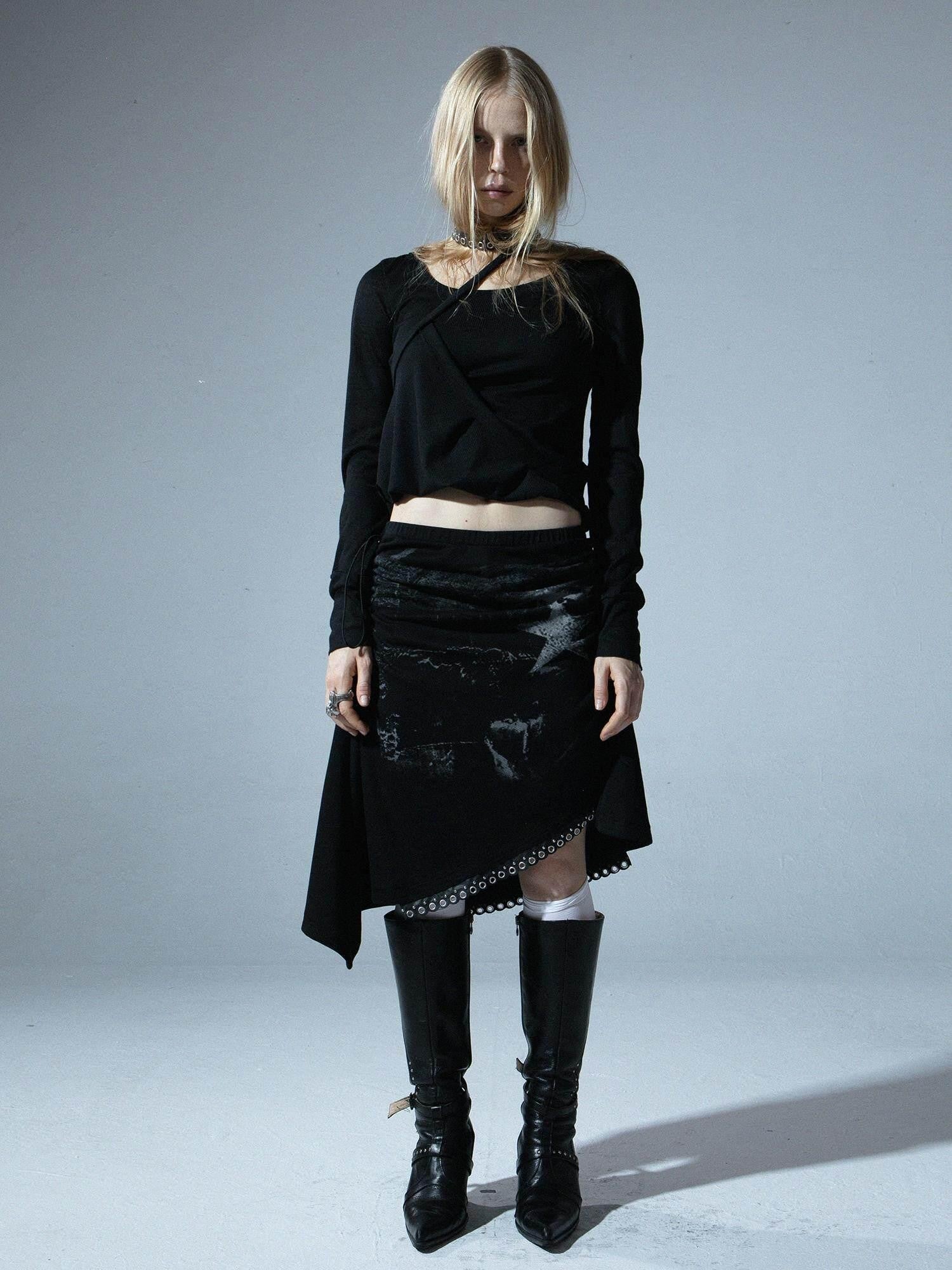 DoublePunch Punk Print Asymmetric Adjustable Low Waist Women&