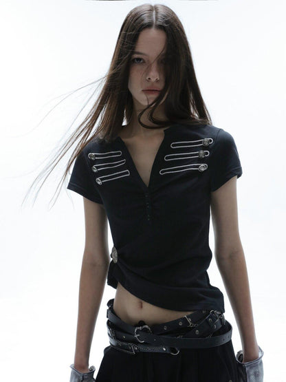 DoublePunch Retro Embroidered Metal Button Henley Slim Women&