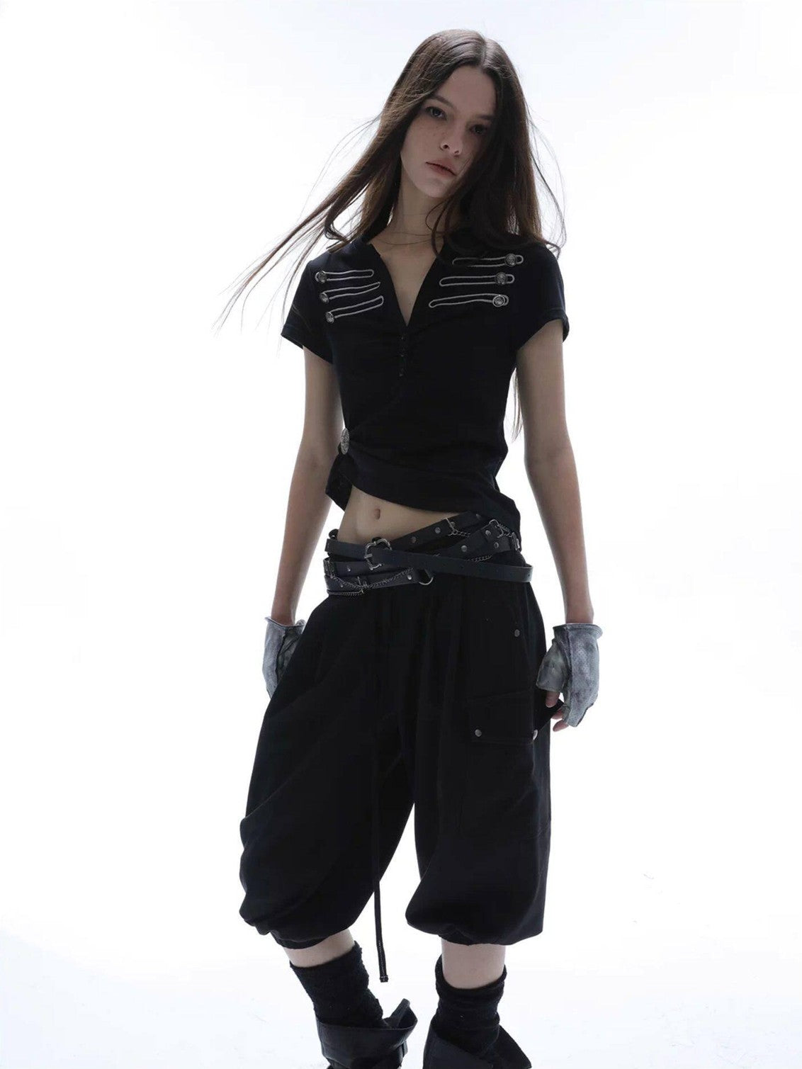 DoublePunch Retro Embroidered Metal Button Henley Slim Women&