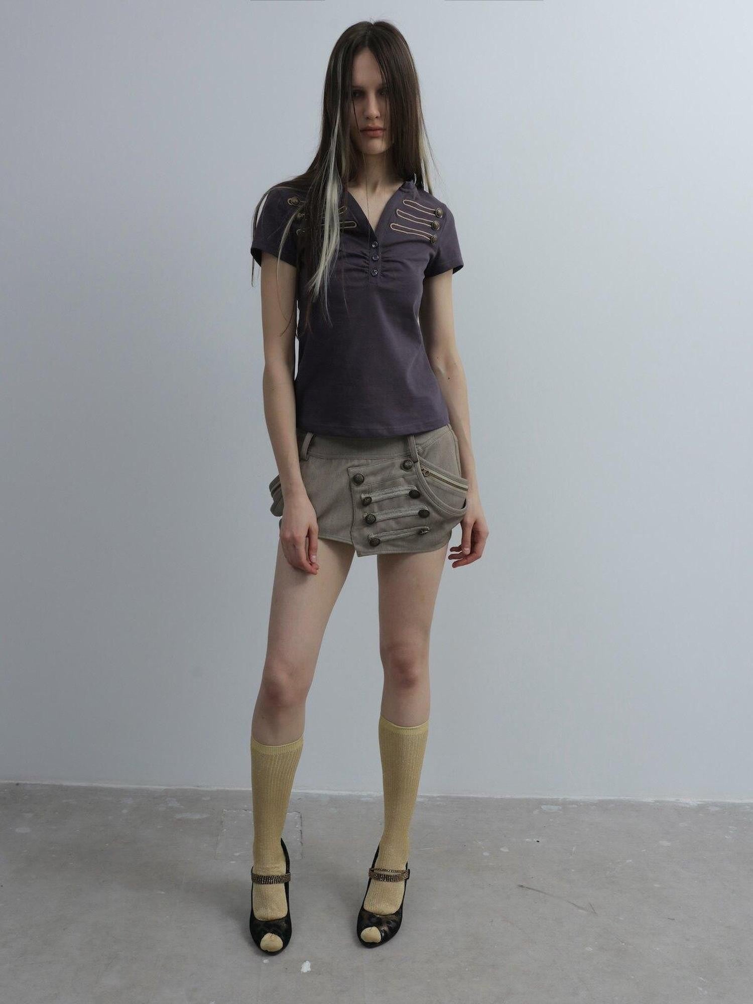 DoublePunch Retro Embroidered Metal Button Henley Slim Women&