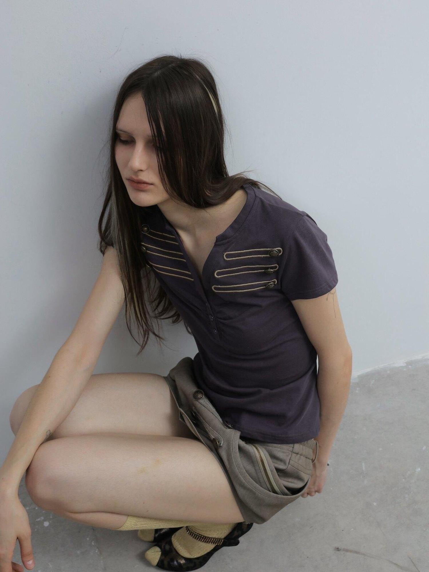 DoublePunch Retro Embroidered Metal Button Henley Slim Women&
