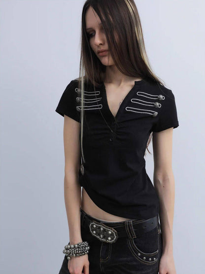 DoublePunch Retro Embroidered Metal Button Henley Slim Women&