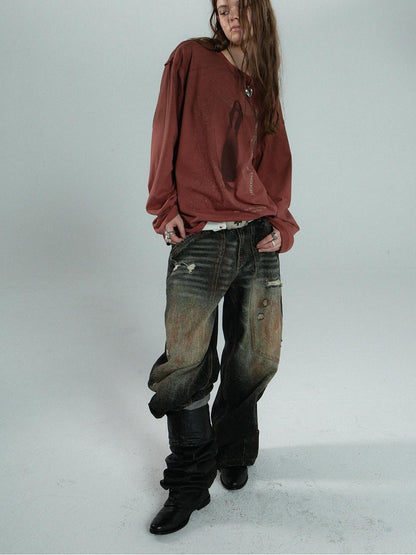 DoublePunch Retro Maroon Distressed Handpainted Print Women&