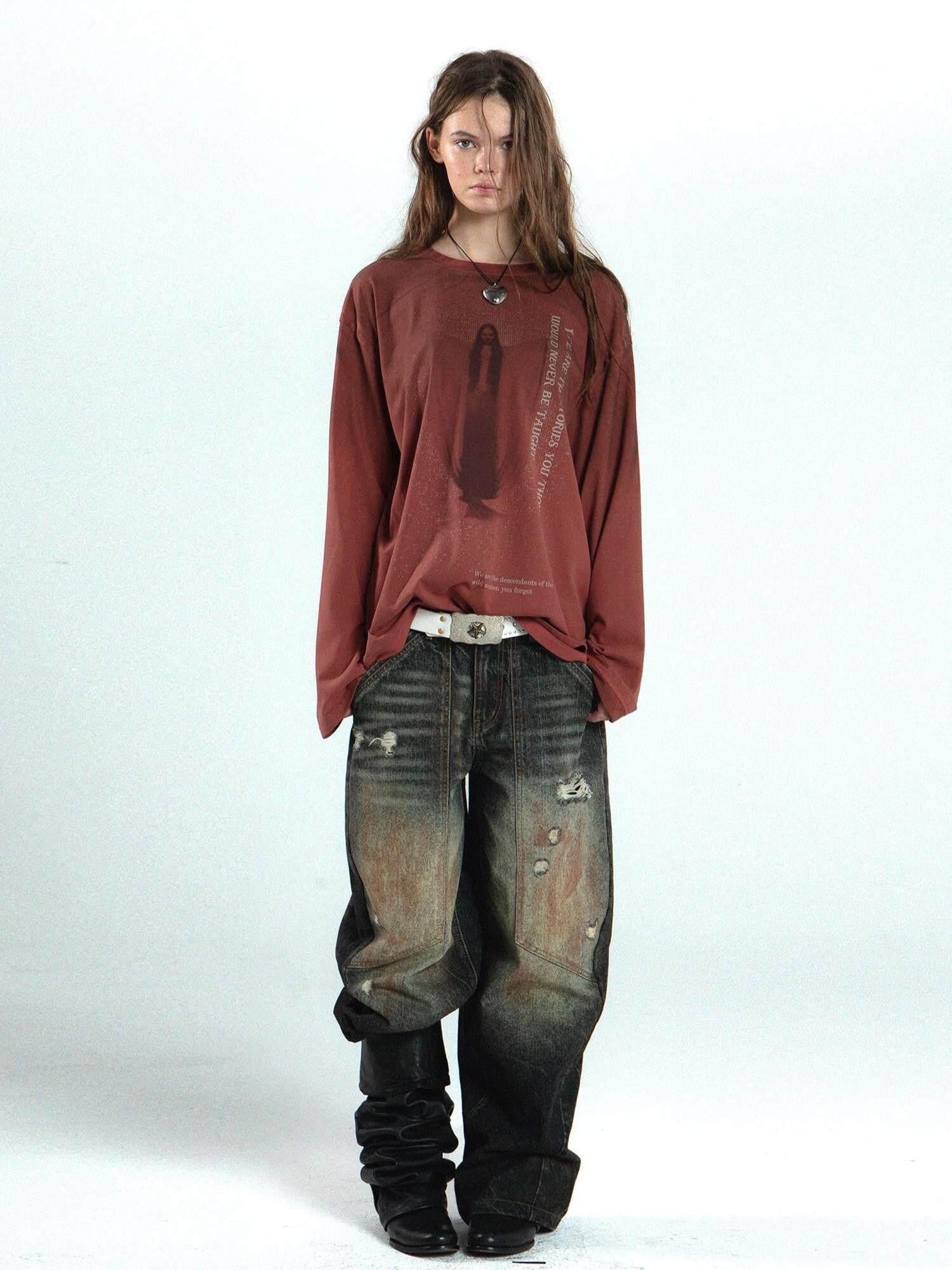 DoublePunch Retro Maroon Distressed Handpainted Print Women&
