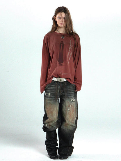 DoublePunch Retro Maroon Distressed Handpainted Print Women&