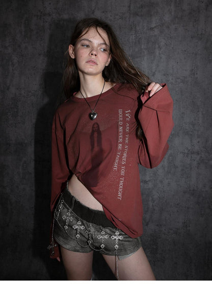 DoublePunch Retro Maroon Distressed Handpainted Print Women&