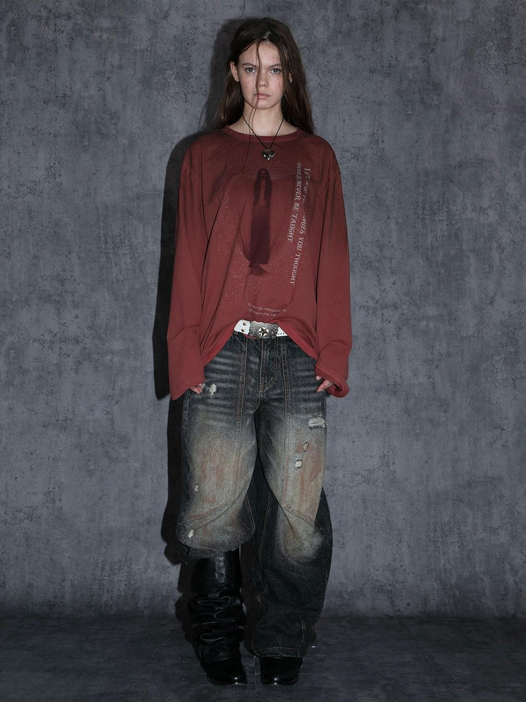 DoublePunch Retro Maroon Distressed Handpainted Print Women&