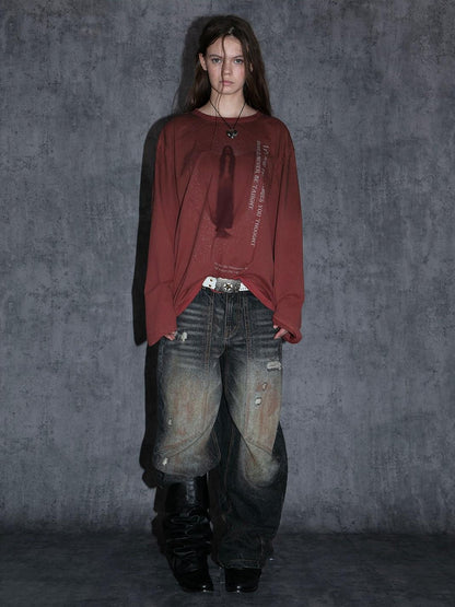 DoublePunch Retro Maroon Distressed Handpainted Print Women&