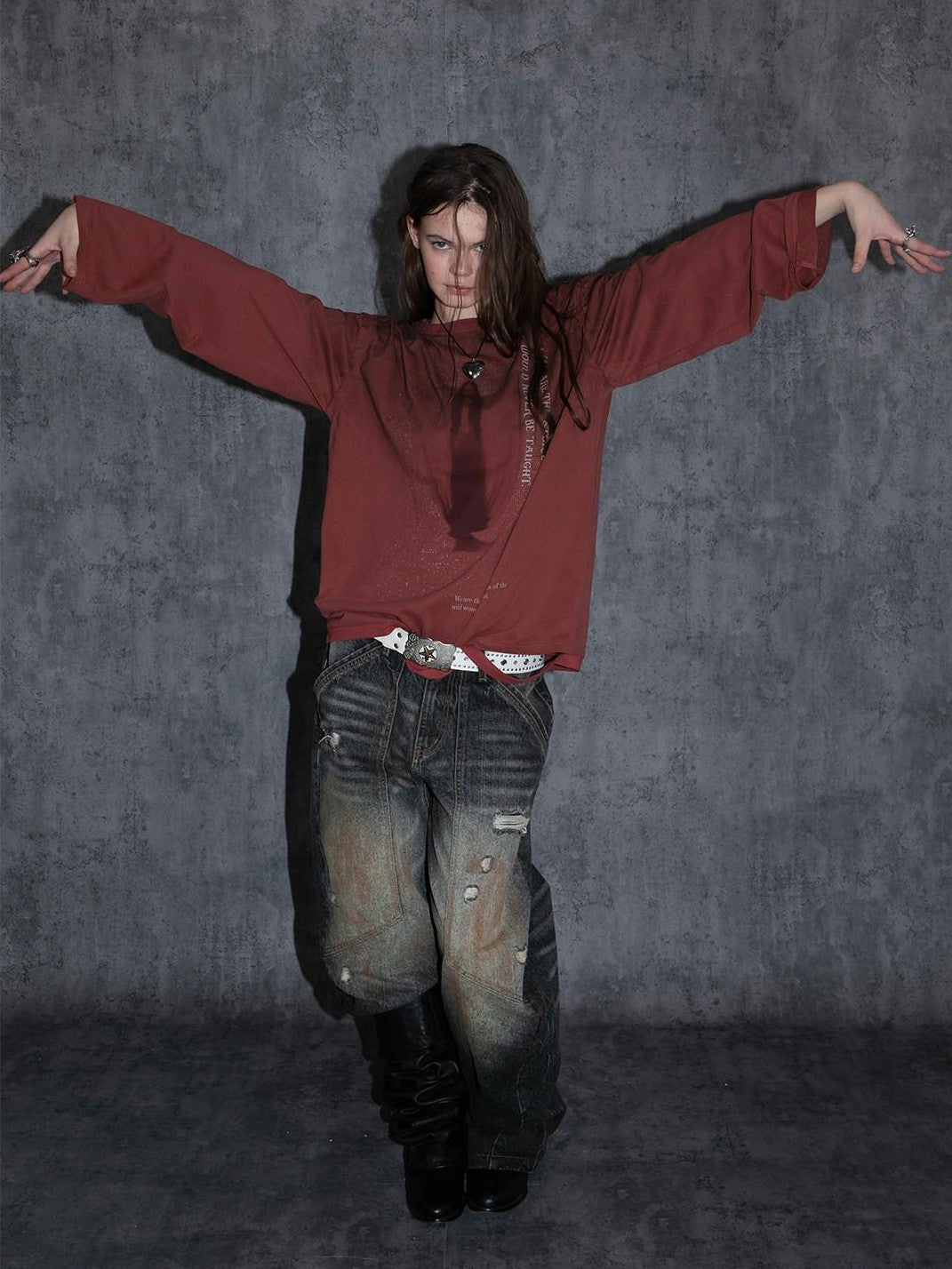 DoublePunch Retro Maroon Distressed Handpainted Print Women&
