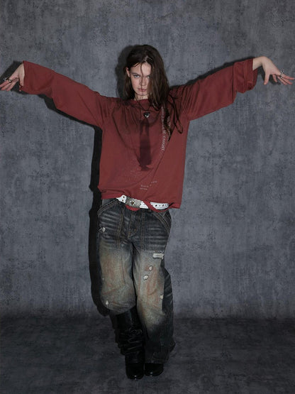 DoublePunch Retro Maroon Distressed Handpainted Print Women&