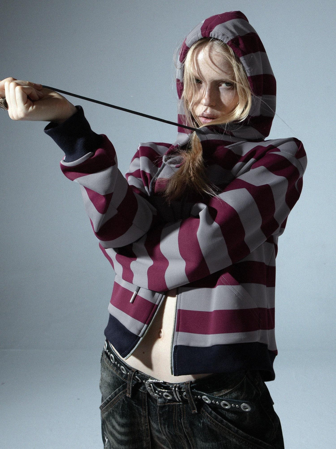 DoublePunch Retro Punk Striped Straight Zip Ribbed Pockets Women&