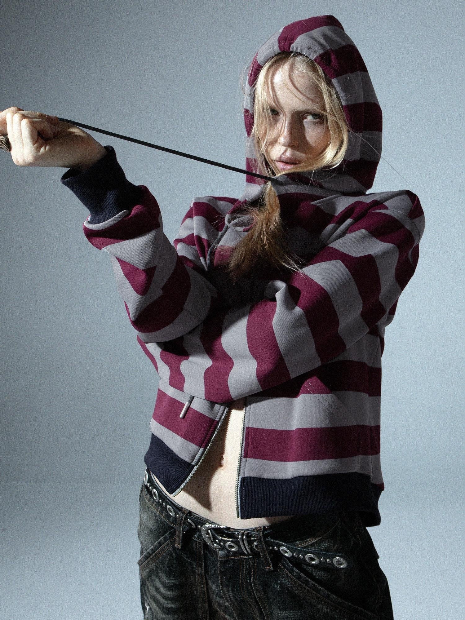 DoublePunch Retro Punk Striped Straight Zip Ribbed Pockets Women&