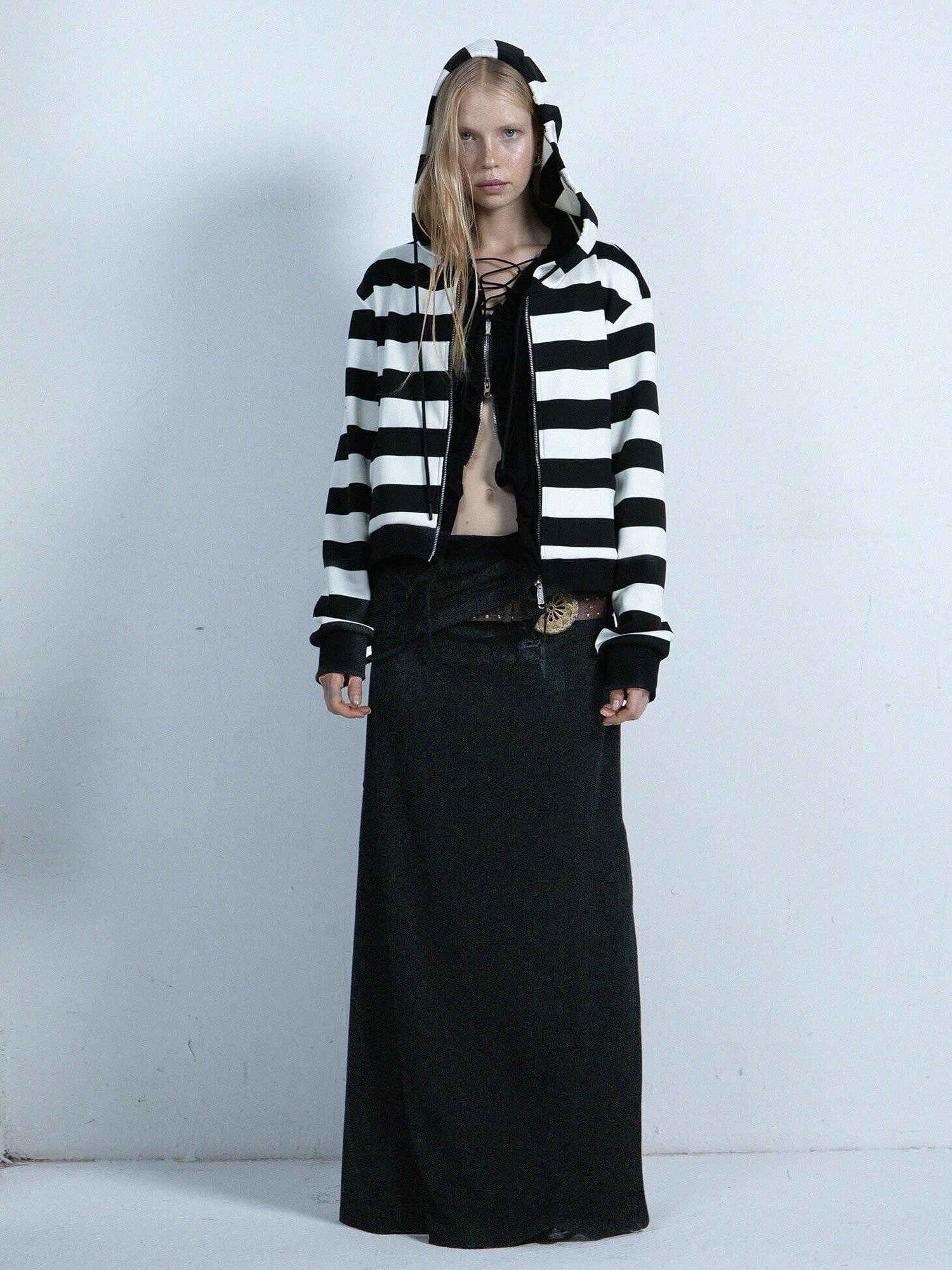 DoublePunch Retro Punk Striped Straight Zip Ribbed Pockets Women&
