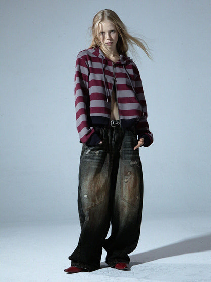 DoublePunch Retro Punk Striped Straight Zip Ribbed Pockets Women&