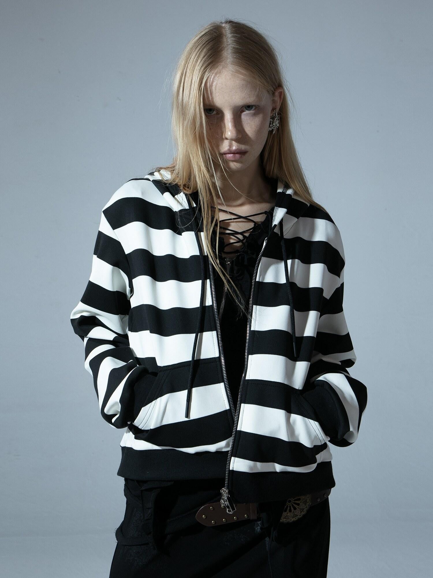 DoublePunch Retro Punk Striped Straight Zip Ribbed Pockets Women&