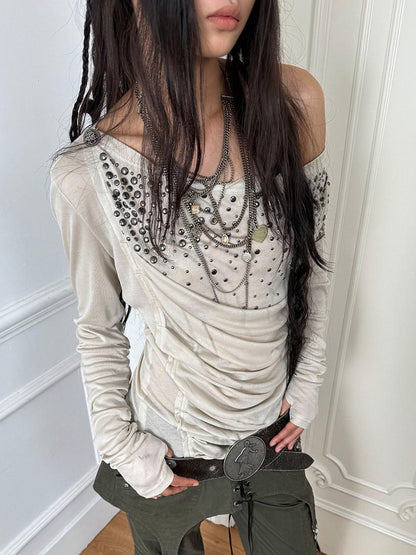 DoublePunch Rhinestone Print Drape Asymmetric Women&