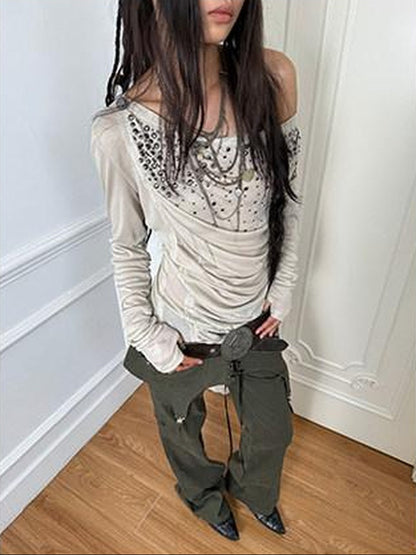 DoublePunch Rhinestone Print Drape Asymmetric Women&