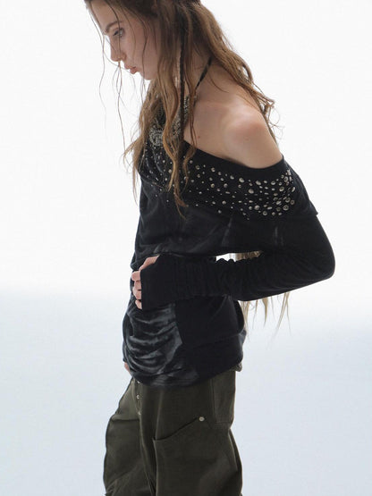 DoublePunch Rhinestone Print Drape Asymmetric Women&
