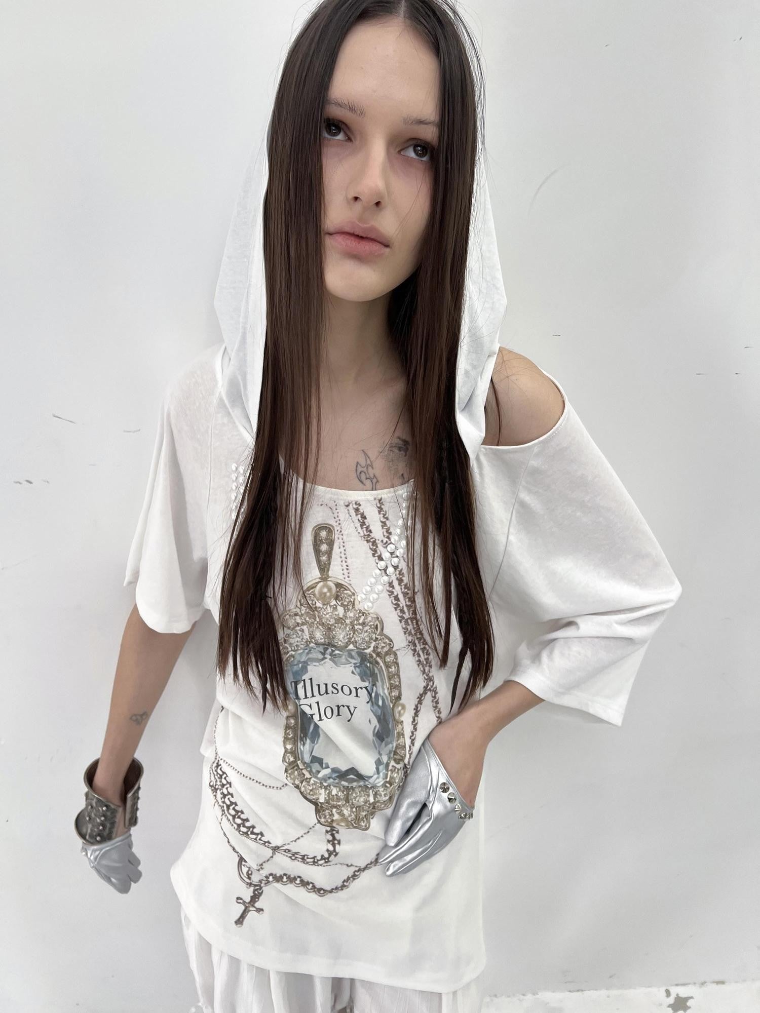 DoublePunch Rhinestone Print Hooded Batwing Women&