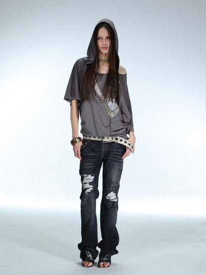 DoublePunch Rhinestone Print Hooded Batwing Women&