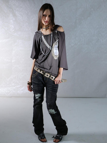 DoublePunch Rhinestone Print Hooded Batwing Women&