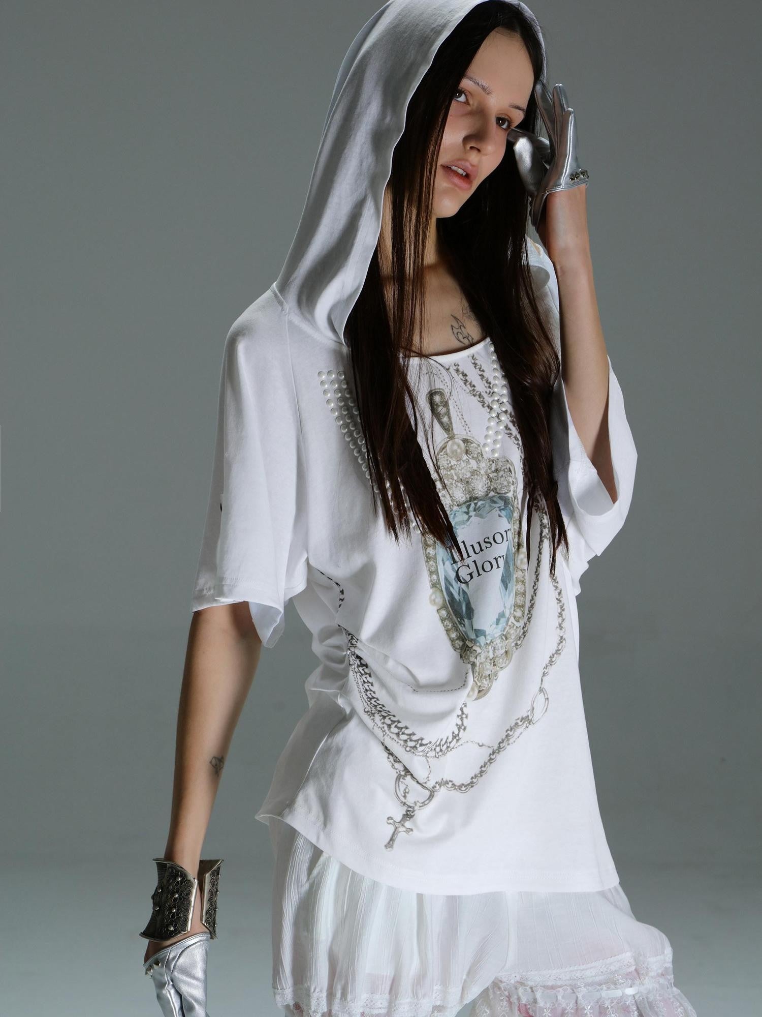 DoublePunch Rhinestone Print Hooded Batwing Women&