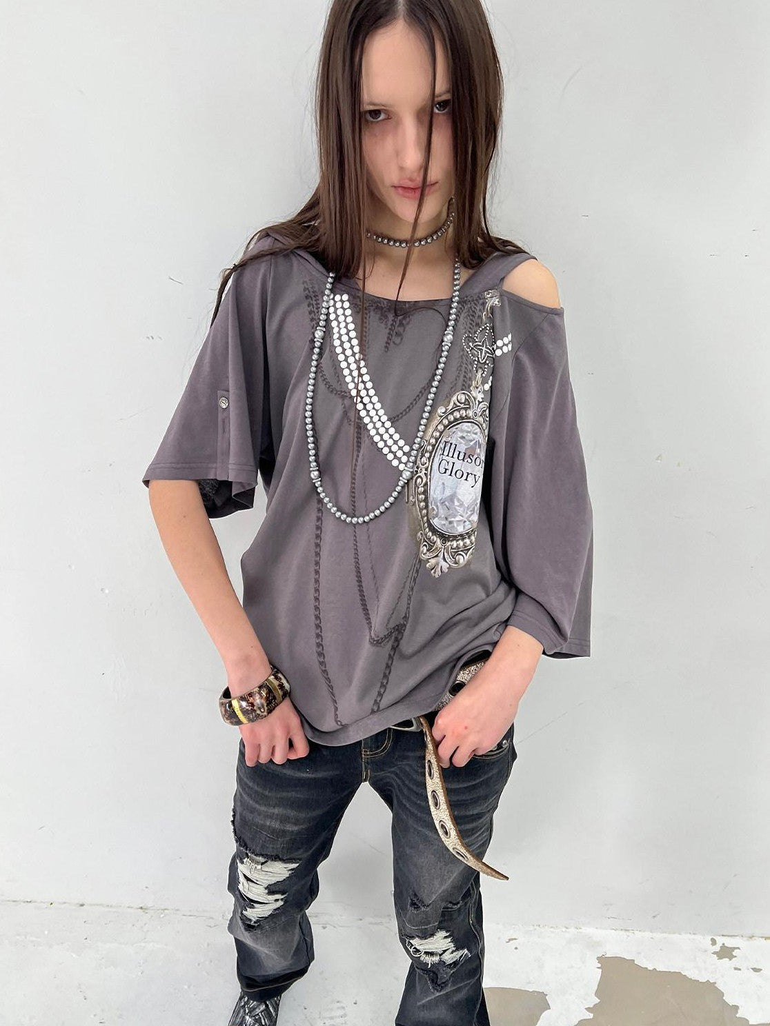 DoublePunch Rhinestone Print Hooded Batwing Women&