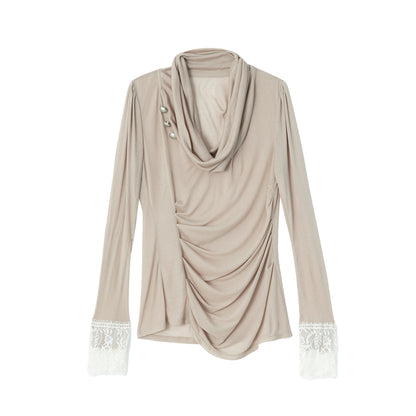 DoublePunch_Romantic_Lace_Panel_Ruched_Cowl_Neck_Puff_Sleeve_Lyocell_Women&
