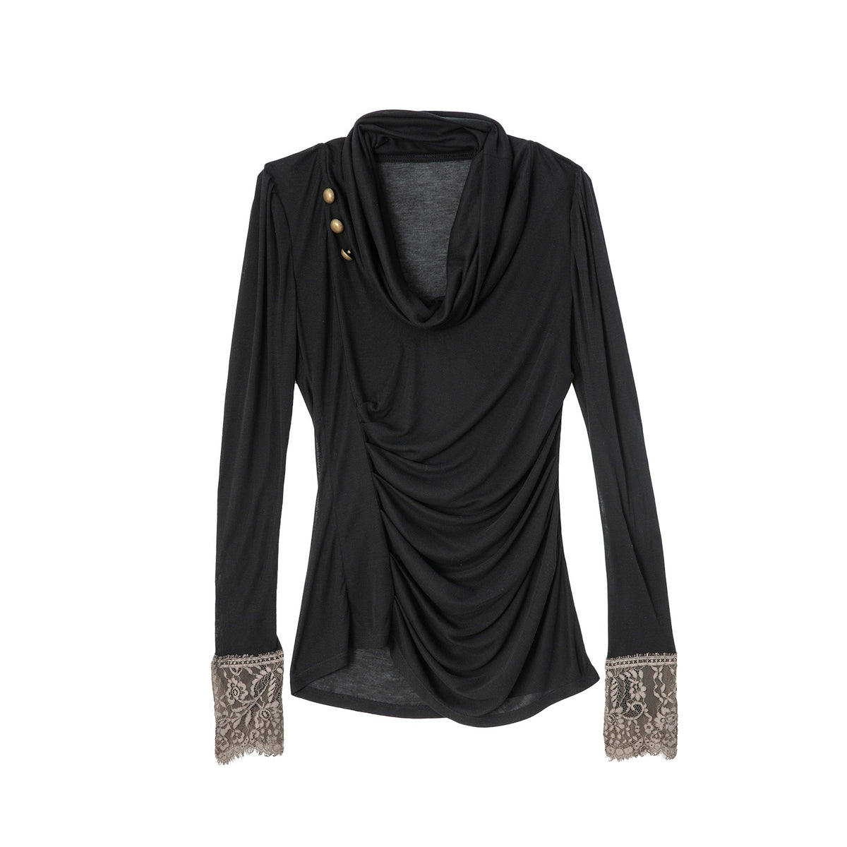 DoublePunch_Romantic_Lace_Panel_Ruched_Cowl_Neck_Puff_Sleeve_Lyocell_Women&