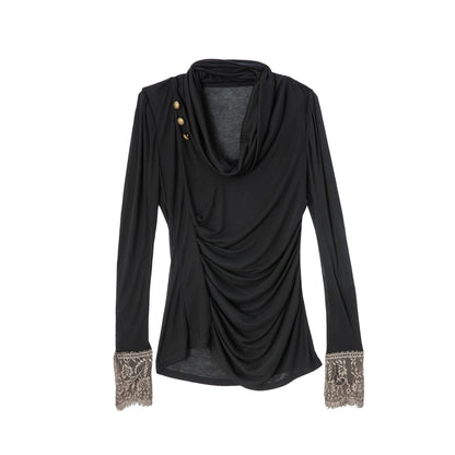 DoublePunch_Romantic_Lace_Panel_Ruched_Cowl_Neck_Puff_Sleeve_Lyocell_Women&