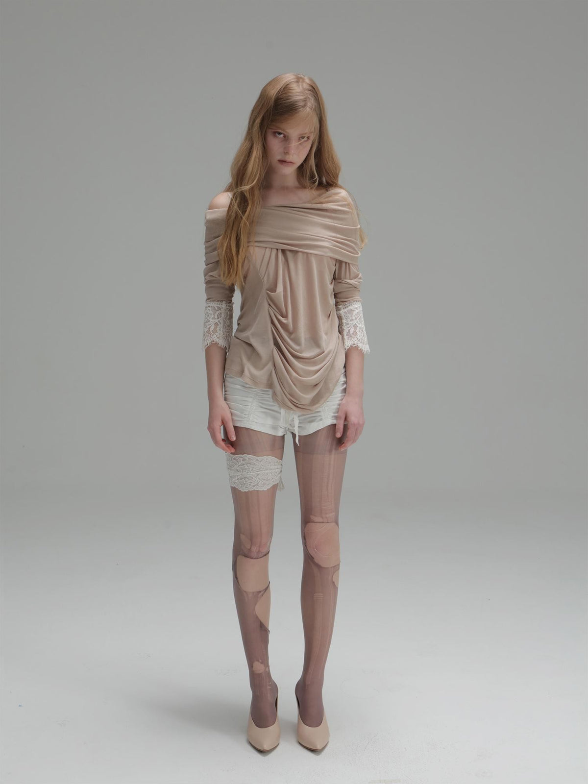 DoublePunch Romantic Lace Panel Ruched Cowl Neck Puff Sleeve Lyocell Women&