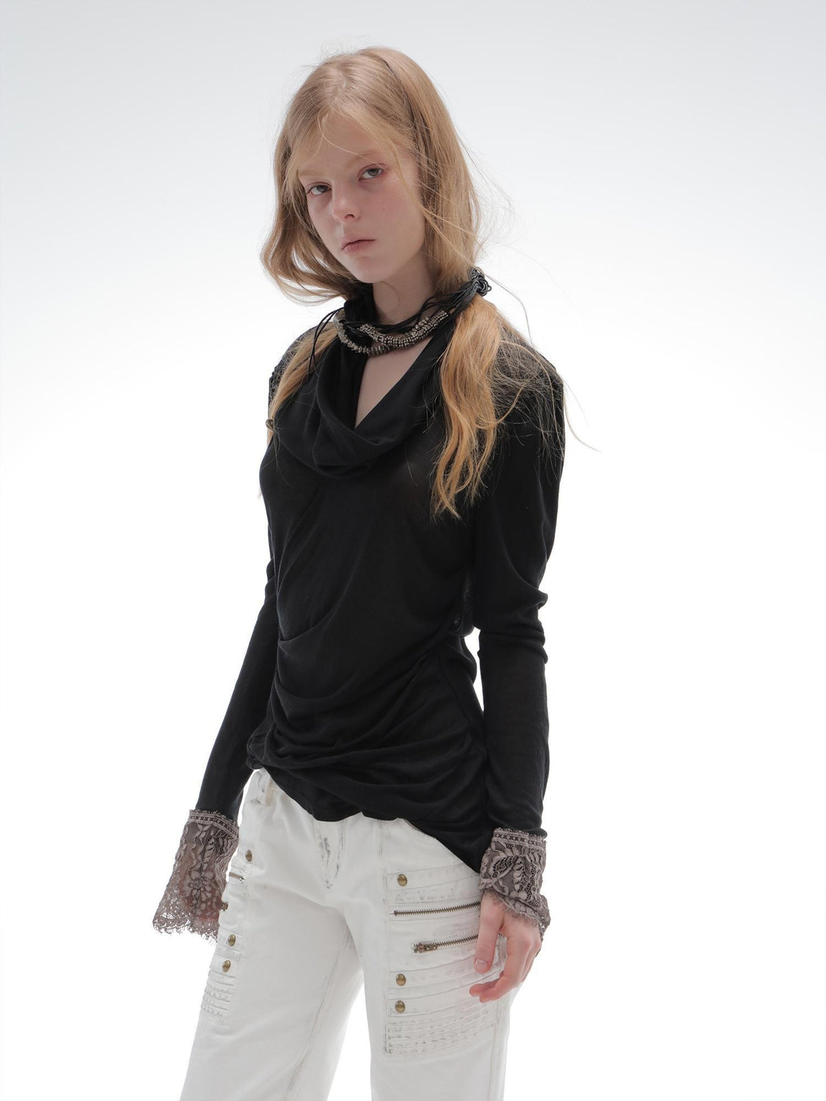 DoublePunch Romantic Lace Panel Ruched Cowl Neck Puff Sleeve Lyocell Women&